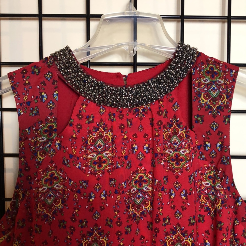Red Print Sleeveless Dress Beaded Neckline & Lined Sz XL Speckless